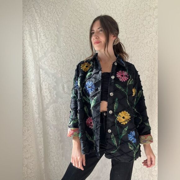 Vintage 90s Roaman’s 100% Cotton Black Floral Embroidered Button Front Jacket - Picture 12 of 12